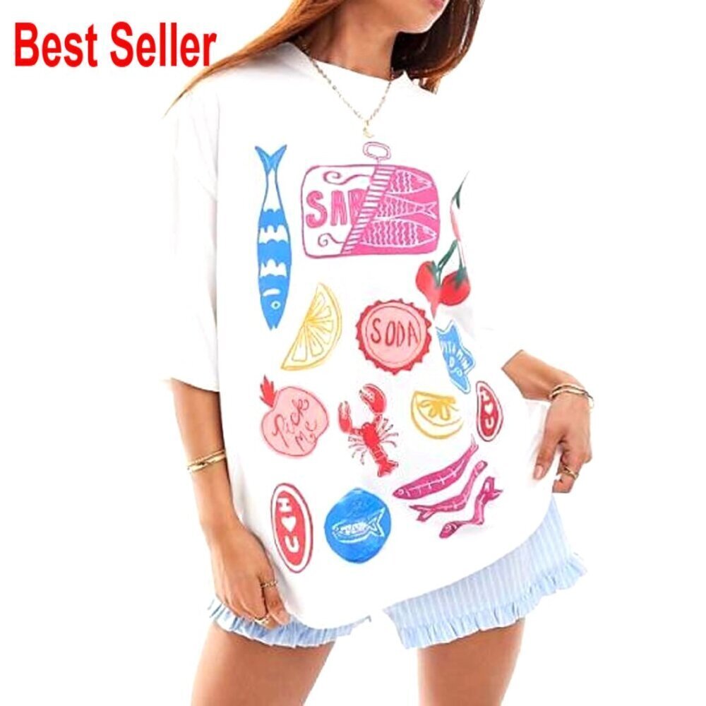 Y2K Oversized Graphic Tee Cute Bow Fruit Print Short Sleeve Loose Fit